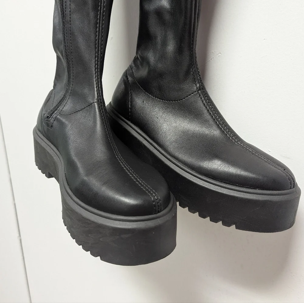 ASOS Stradivarius Black Over-the-Knee Stretch Boots Vegan Lug Goth 38 7.5/8